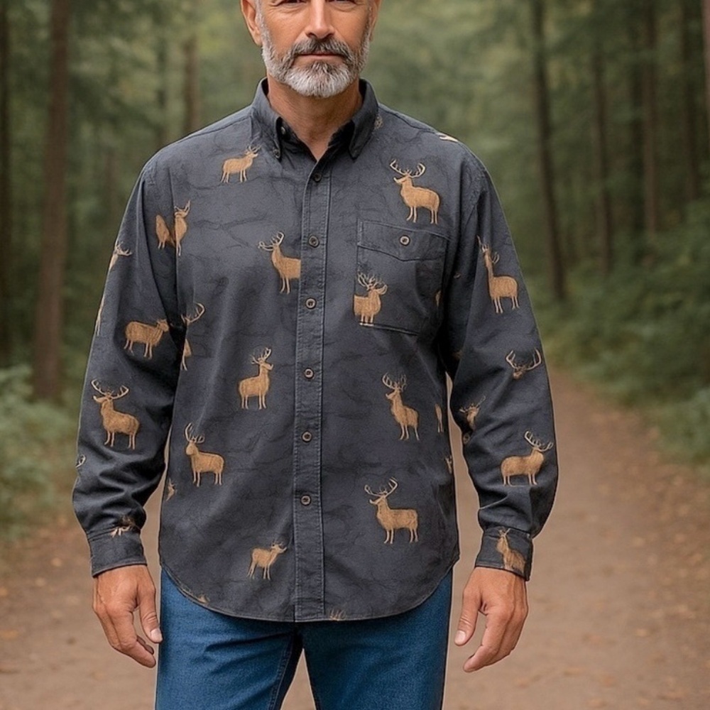 📌 Columbia River Lodge Deer Print Button-Up Shirt Men’s Large 100% Cotton